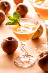 Close up of a peach Bellini ready for drinking