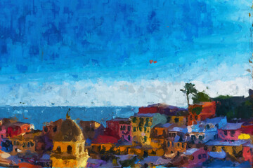 Fototapeta na wymiar Beautiful oil painting landscape vacation house illustration