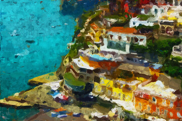 Beautiful oil painting landscape vacation house illustration