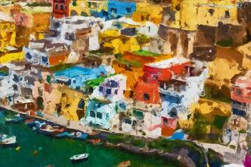 Beautiful oil painting landscape vacation house illustration