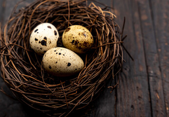 quail eggs in a nest on a wooden background. Quail breeding business, poultry farming