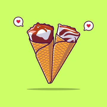 Cute 2 Ice Cream Cones Cartoon Vector Illustration. Food and Beverage Concept Vector. Cartoon images for icons, coloring books, backgrounds, and more. Flat Cartoon Style