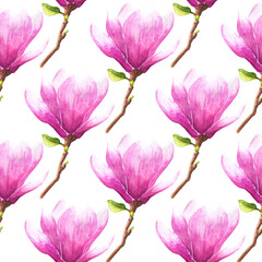 Hand drawn watercolor magnolia seamless pattern