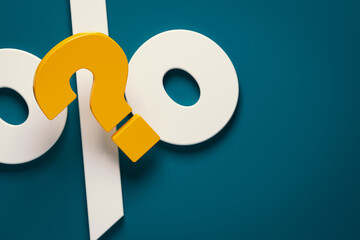 Orange-colored question symbol and white-colored percentage sign. On dark blue-colored background. Horizontal composition with copy space. No cutout.