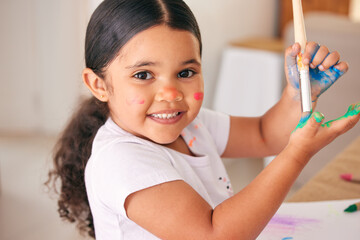 Its about to get messy in here. Cropped shot of an adorable little girl painting her hands.