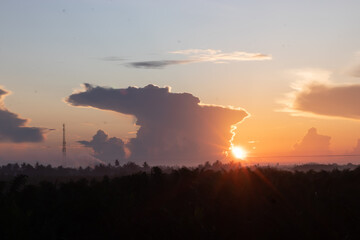 Fototapeta premium Indonesia palm oil plantation with a single road during golden sunrise