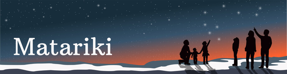 Fototapeta na wymiar Banner Matariki Star scene night sky with silhouette people looking at space