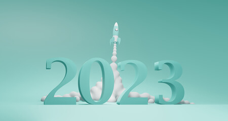 3d rendering of 2023 new year text with cartoon rocket