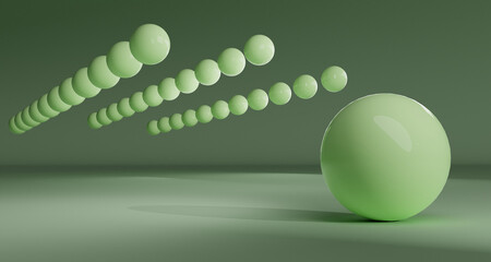Reflective green spheres in abstract arrangement. 3d rendering.