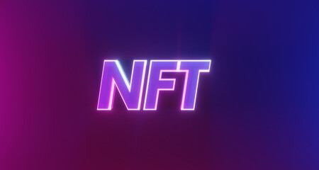 Glowing neon nft text with blue and purple tones. 3d rendering.