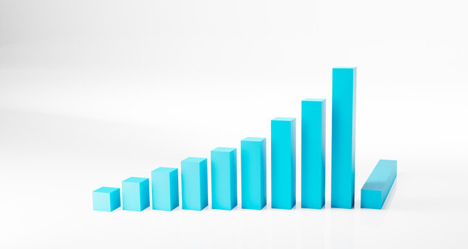 Bright blue bar graph on white background with negative space for copy. 3d rendering.
