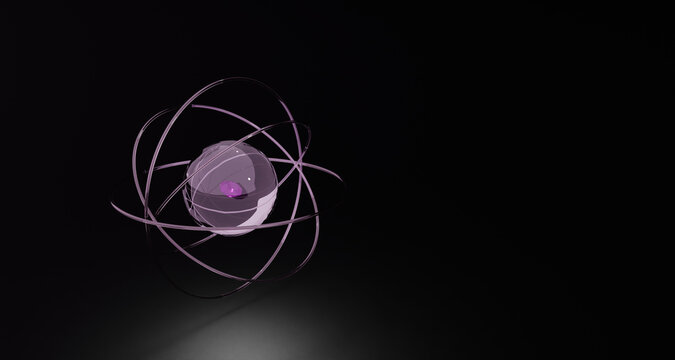 Abstract 3d Rendering Of Crystal Sphere With Orbital Rings And Gemstone. Negative Space For Copy.