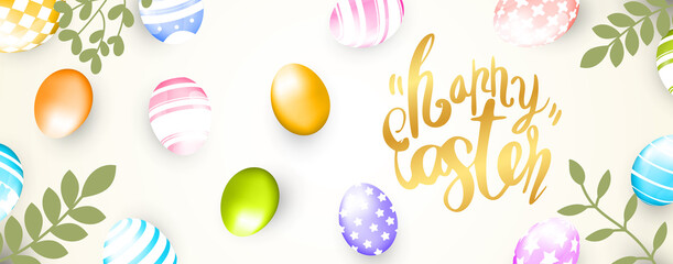 Happy Easter wreath with easter Website header or banner design.  Easter sale Holiday background with painted eggs, gift,