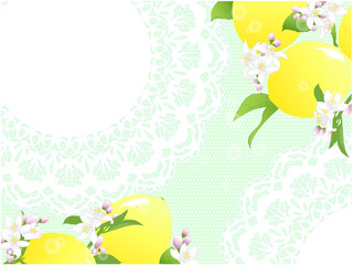 レモンの実と花の背景①白レース_水玉背景