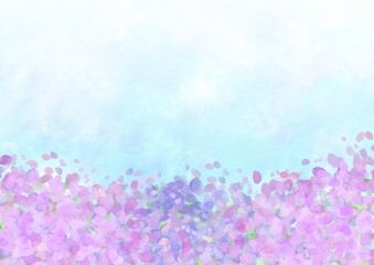 一面の紫の花と空が描かれた水彩タッチの背景イラスト