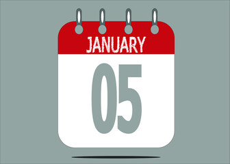 Icon day date 5 January, template calendar page in red and gray for days of the month