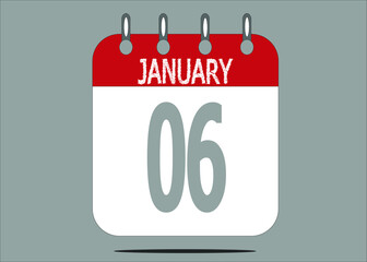 Icon day date 6 January, template calendar page in red and gray for days of the month