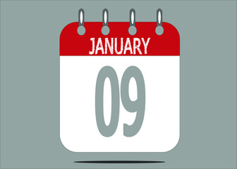 Icon day date 9 January, template calendar page in red and gray for days of the month