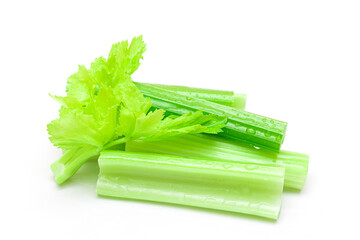 Fresh Chopped Celery Sticks with Water Drops Isolated on White Background. Vegan and Vegetarian Culture. Raw Food. Healthy Diet with Negative Calorie Content