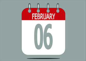 Icon day date 6 February, template calendar page in red and gray for days of the month