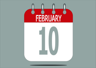 Icon day date 10 February, template calendar page in red and gray for days of the month