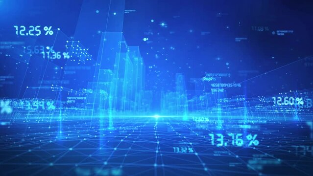 Blue digital technology buildings keep moving forward, digital grid background video, future big data technology.