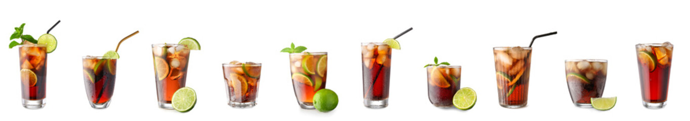 Set of tasty Cuba Libre cocktails isolated on white