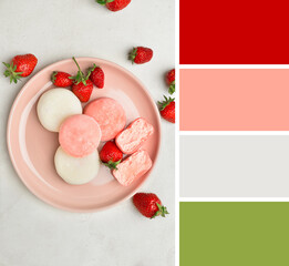 Plate with tasty Japanese mochi and strawberry on white background, top view. Different color samples