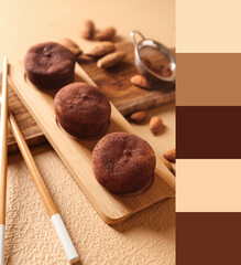 Tasty cacao mochi on color background. Different color samples