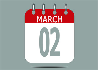 Icon day date 2 March, template calendar page in red and gray for days of the month