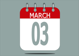 Icon day date 3 March, template calendar page in red and gray for days of the month