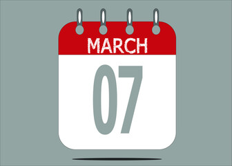 Icon day date 7 March, template calendar page in red and gray for days of the month