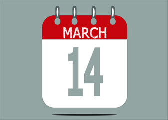 Icon day date 14 March, template calendar page in red and gray for days of the month