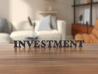 木製のテーブル上のINVESTMENT(投資・出資)のアルファベットの木製積み木ブロック