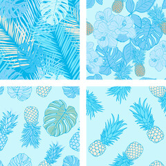 Beautiful hibiscus flowers, leaves, pineapples seamless pattern background set. Tropical nature wrapping paper or textile design set. Beautiful print with hand-drawn exotic plants.