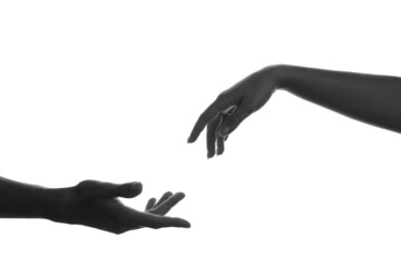 Silhouette of male and female hands on white background