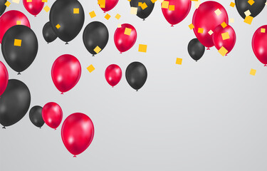 black and Red balloons with confetti on white background. Celebration background design.