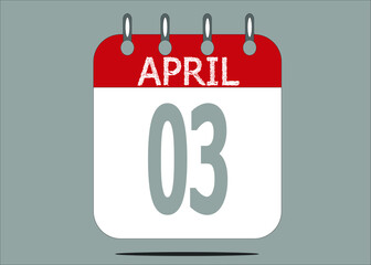 Icon day date 3 April, template calendar page in red and gray for days of the month