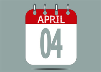 Icon day date 4 April, template calendar page in red and gray for days of the month