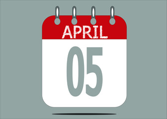 Icon day date 5 April, template calendar page in red and gray for days of the month