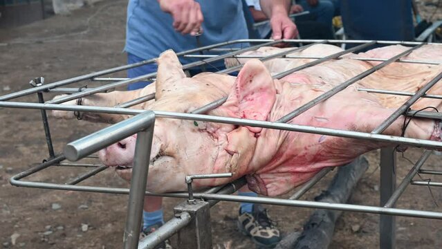 Grilled pig at the street food festival. Roasted pig on the rack. Food