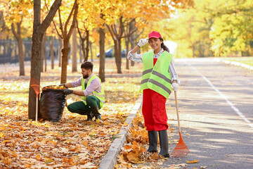 Workers gathering autumn leaves outdoors