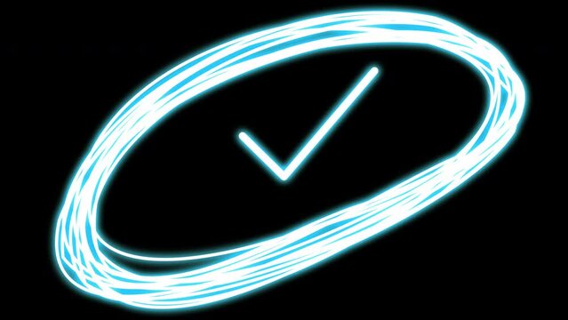 Neon approving bird with a circle. A sign of the completed action, successful work. Animation of a shining neon lamp on a black background. Stock video with alpha channel.