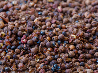 Heap of dried Chuang Chia spice seasoning. Sichuan pepper Zanthoxylum bungeanum close up, full...