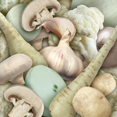 White vegetable background as parsnips onion garlic cauliflower and mushrooms with potatoes.