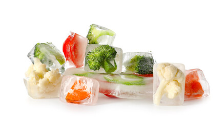 Fresh vegetables frozen in ice on white background