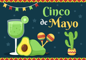 Cinco de Mayo Mexican Holiday Celebration Cartoon Style Illustration with Cactus, Guitar, Sombrero and Drinking Tequila for Poster or Greeting Card