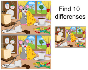 A little mouse sits on the table and holds a piece of cheese in its paws. Find 10 differences. Educational game for children. Vector illustration