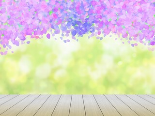 水彩タッチで描かれた藤の花と木の板がある風景イラスト