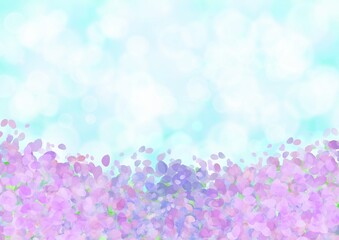 紫の花と空と光が描かれた水彩タッチの背景イラスト
